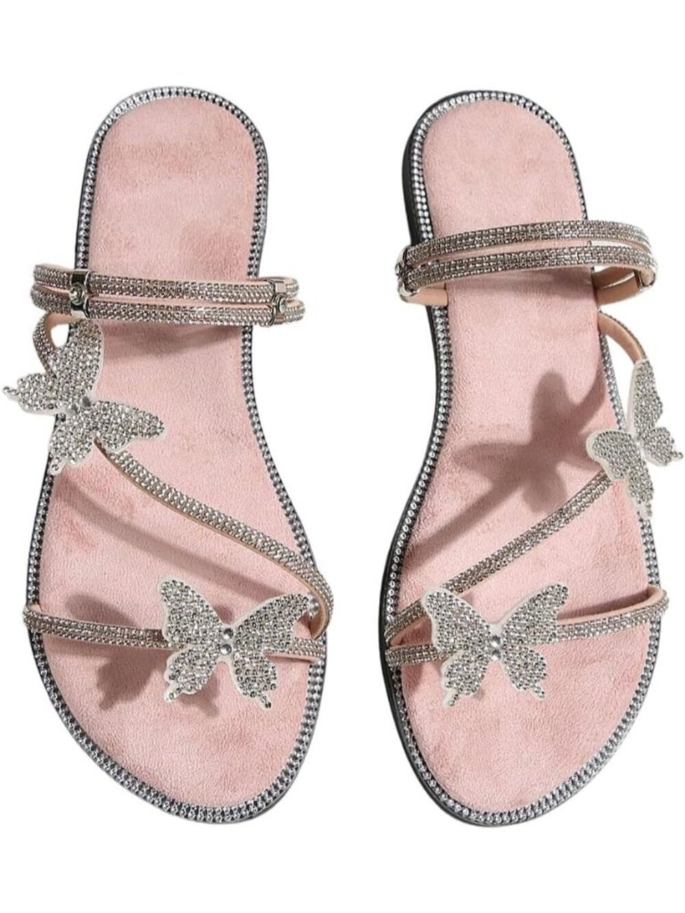 Women's Pink Flat Loafers Sparkly Butterfly Strappy Open Toe Elegant Slide